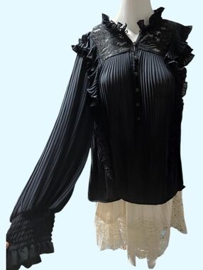 ​By Anthropologie Black Pleated Ruffle Blouse with Lace Yoke – Size M/L approx.
